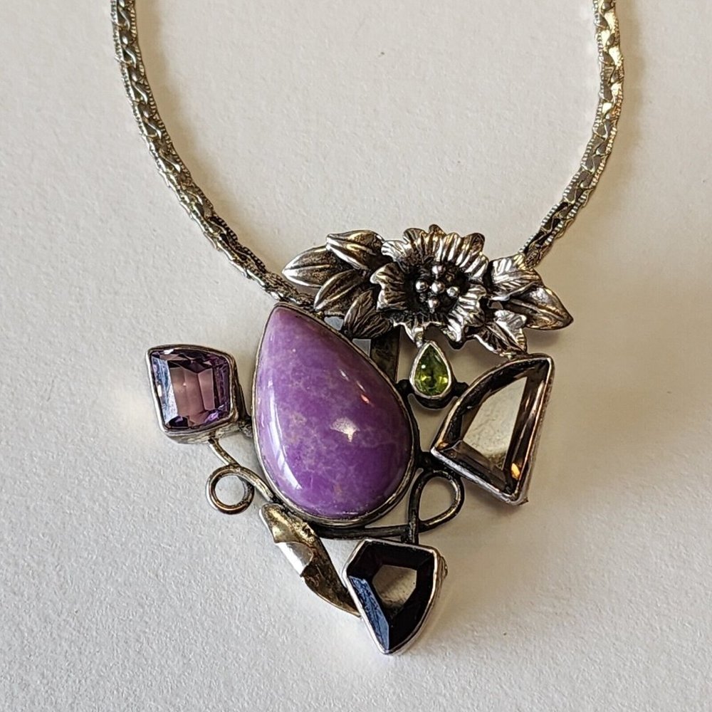 Vintage Sterling 925 Pendant Semi-precious Stones Floral Silver Work With 24... - Picture 4 of 16